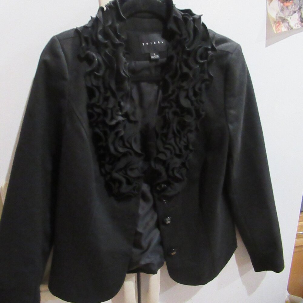 tribal modern ruffle hem blazer crop m 10 new nwt black